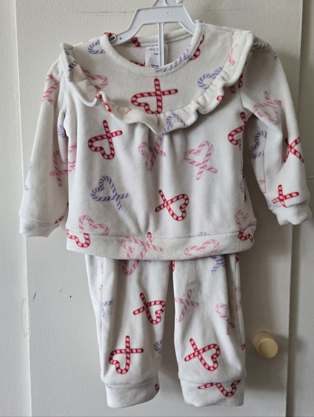 3/$20 okie dokie White Candy Heart Fleece Pajama Set with Pink & Purple Prints